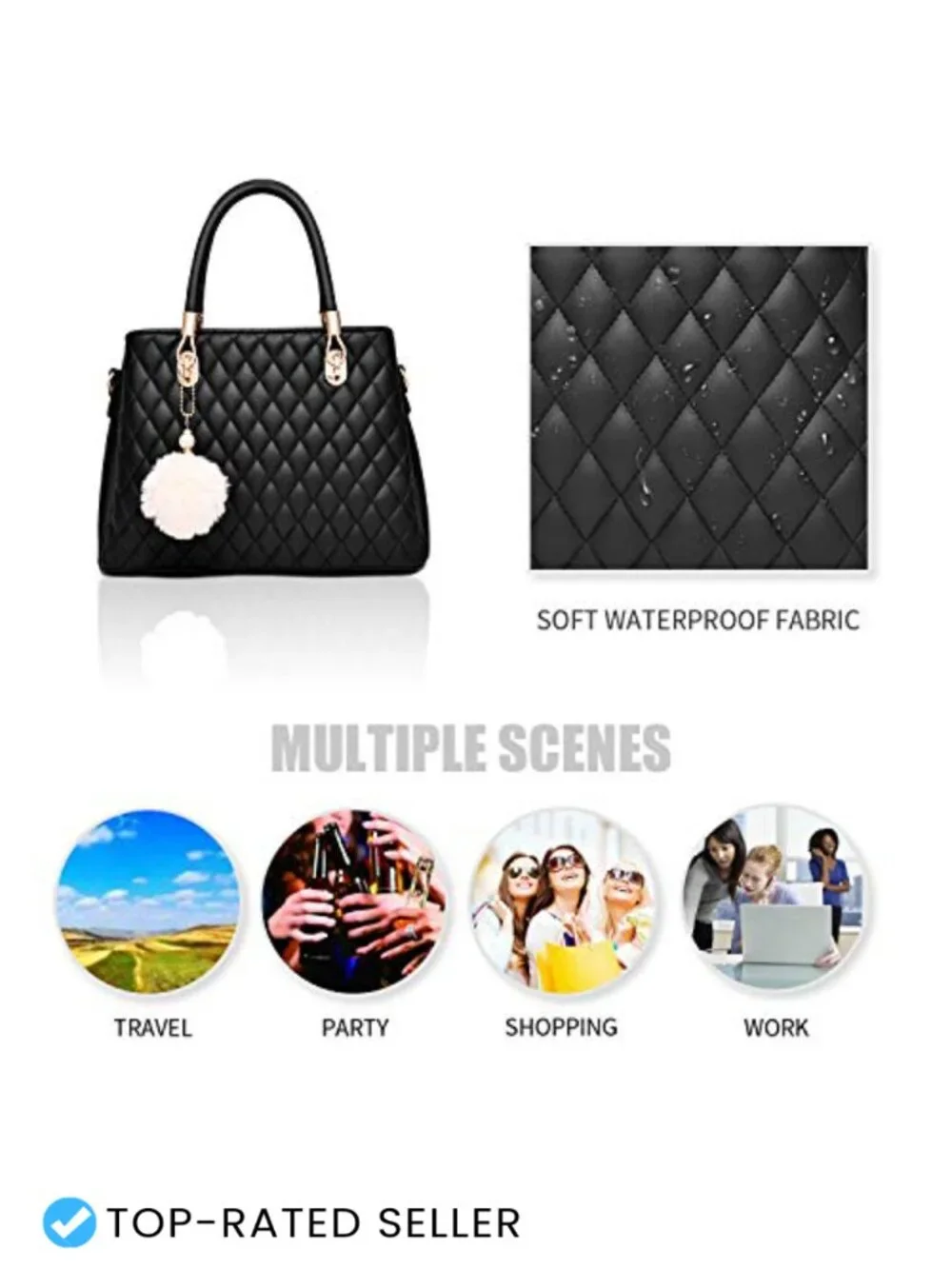 Women's PU Leather Satchel Handbag Top-Handle Tote Shoulder Bag with Pompon